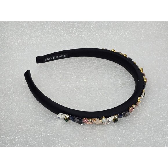 Black Satin Handmade Headband With Multi-Color Gemstone Embellishments - Picture 2 of 2